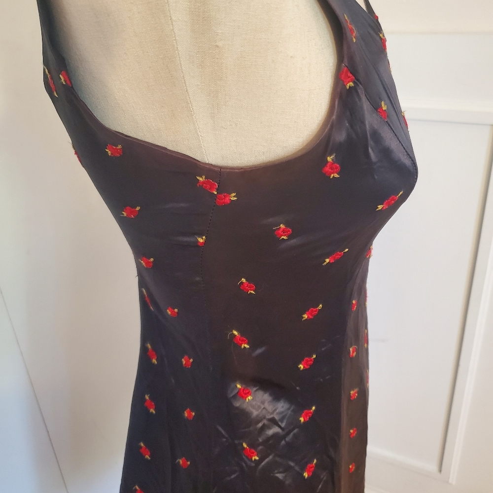 ❤SOLD❤Vintage betsey johnson Satin Rosebud embroidery mini Black dress - Picture 3 of 11